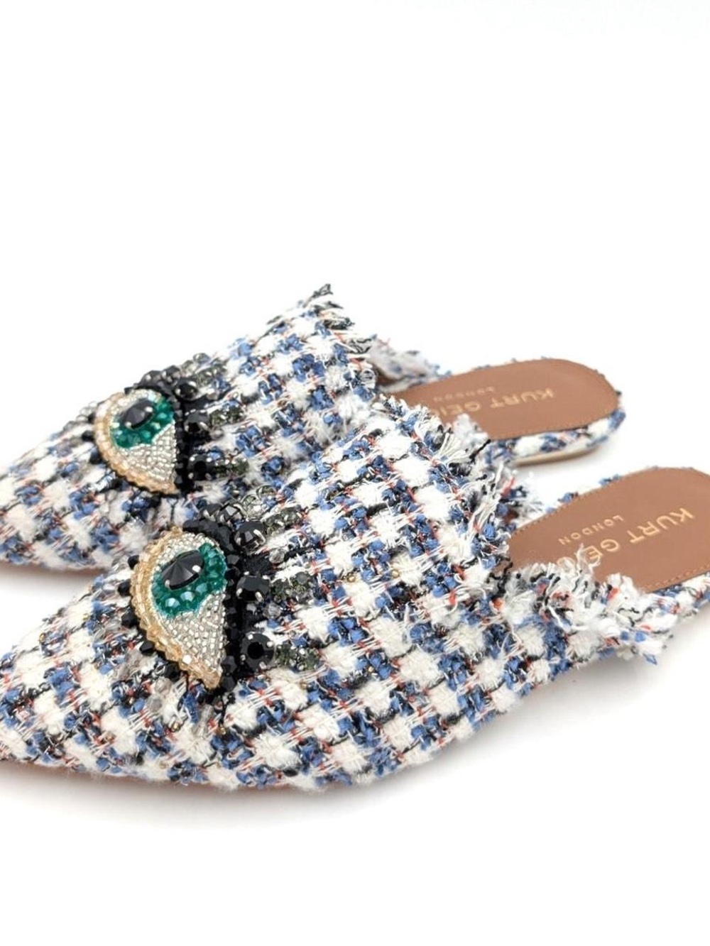 Kurt Geiger White and Blue Tweed Beaded Eye Mules